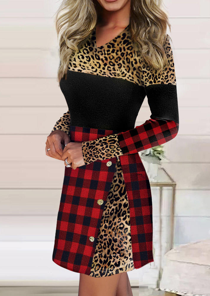 

Leopard Plaid Button Mini Dress, Multicolor, SCM010427