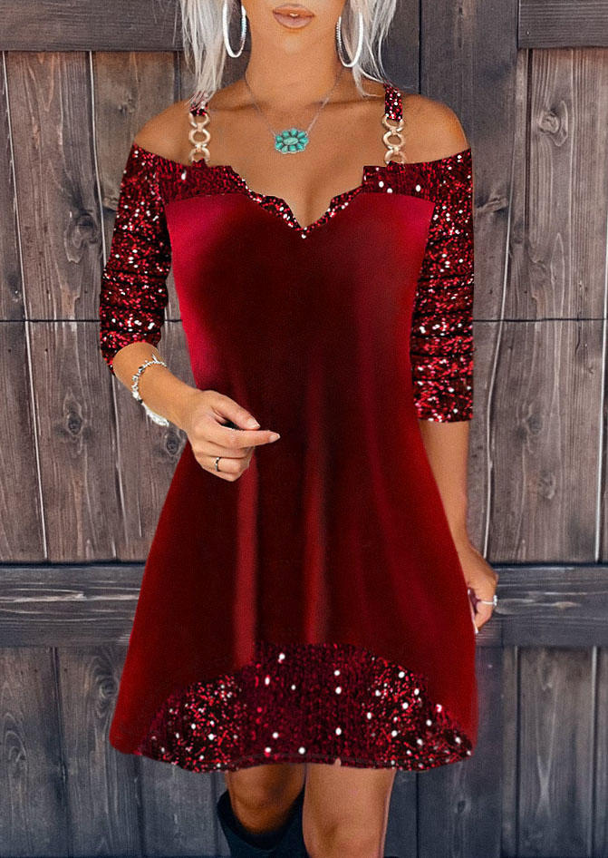 

Glitter Metal Chain Long Sleeve Mini Dress - Burgundy, Red, SCM010429