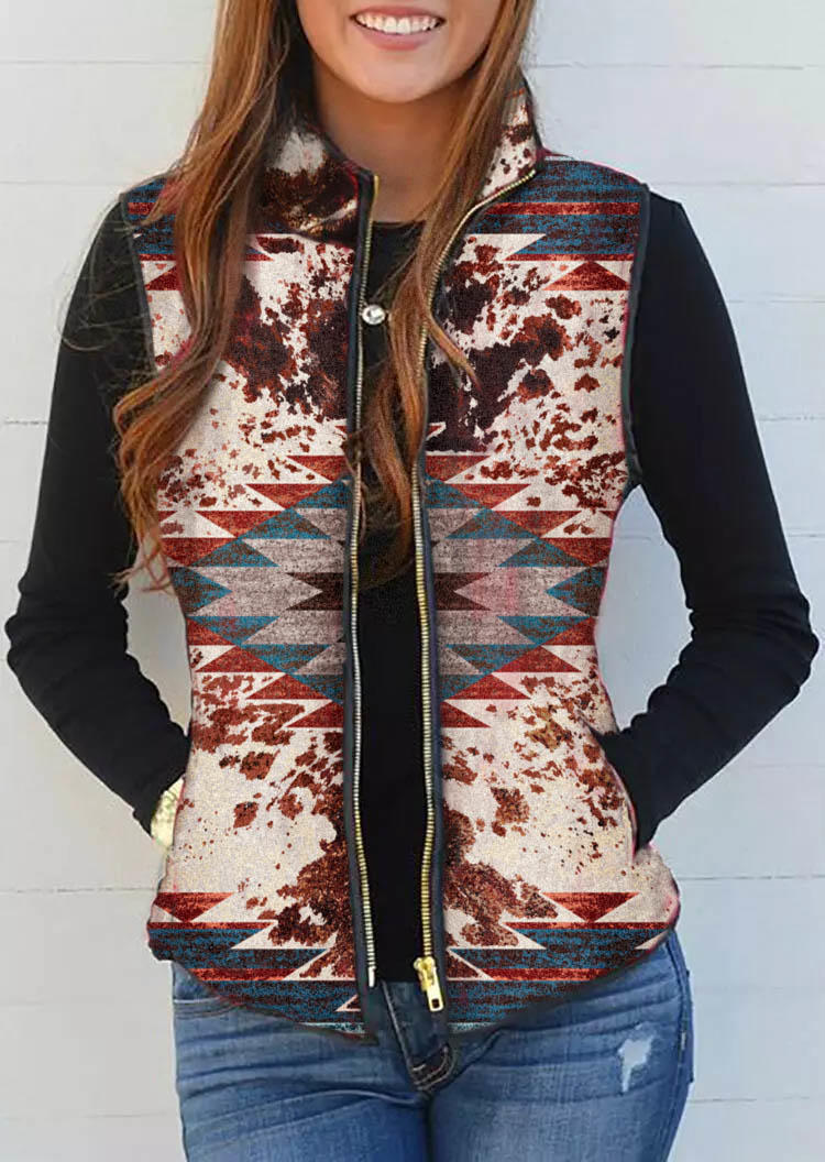 

Aztec Geometric Cow Pocket Zipper Vest Coat, Multicolor, SCM010443