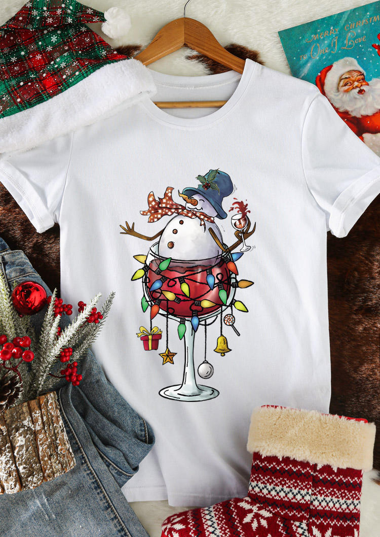 

Christmas Snowman Lantern O-Neck T-Shirt Tee - White, SCM010465