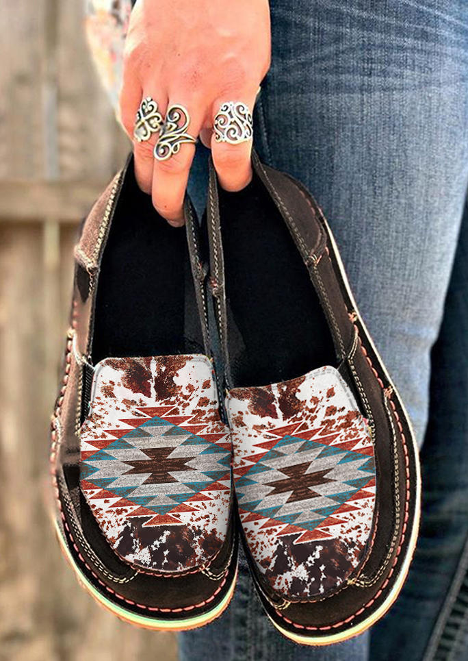 Aztec Geometric Slip On Round Toe Flat Sneakers - Brown