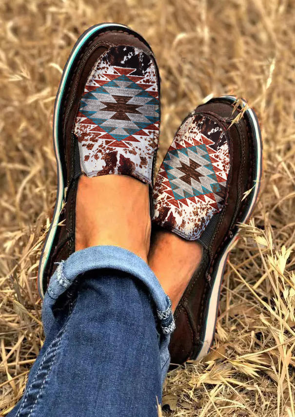 Aztec Geometric Slip On Round Toe Flat Sneakers - Brown