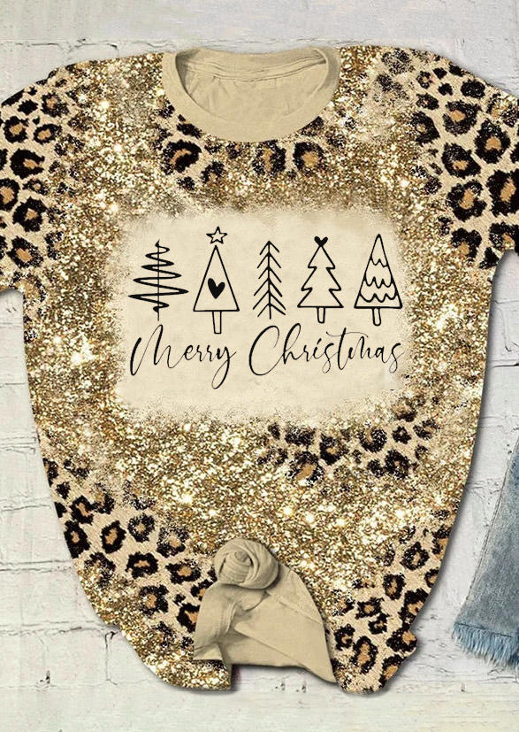 Merry Christmas Tree Leopard Glitter T-Shirt Tee