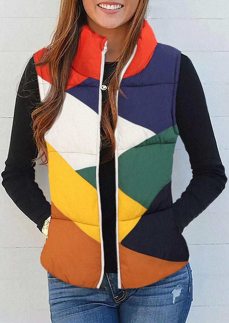 

Color Block Pocket Zipper Vest Coat, Multicolor, SCM010522