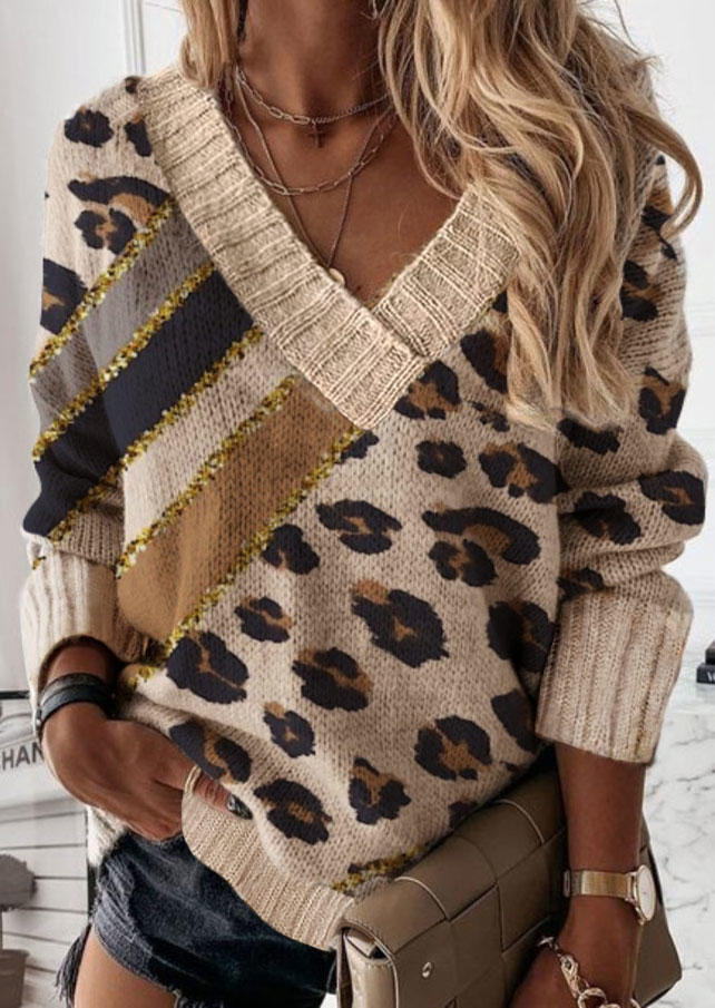 

Leopard Glitter V-Neck Long Sleeve Sweater, Multicolor, SCM007619
