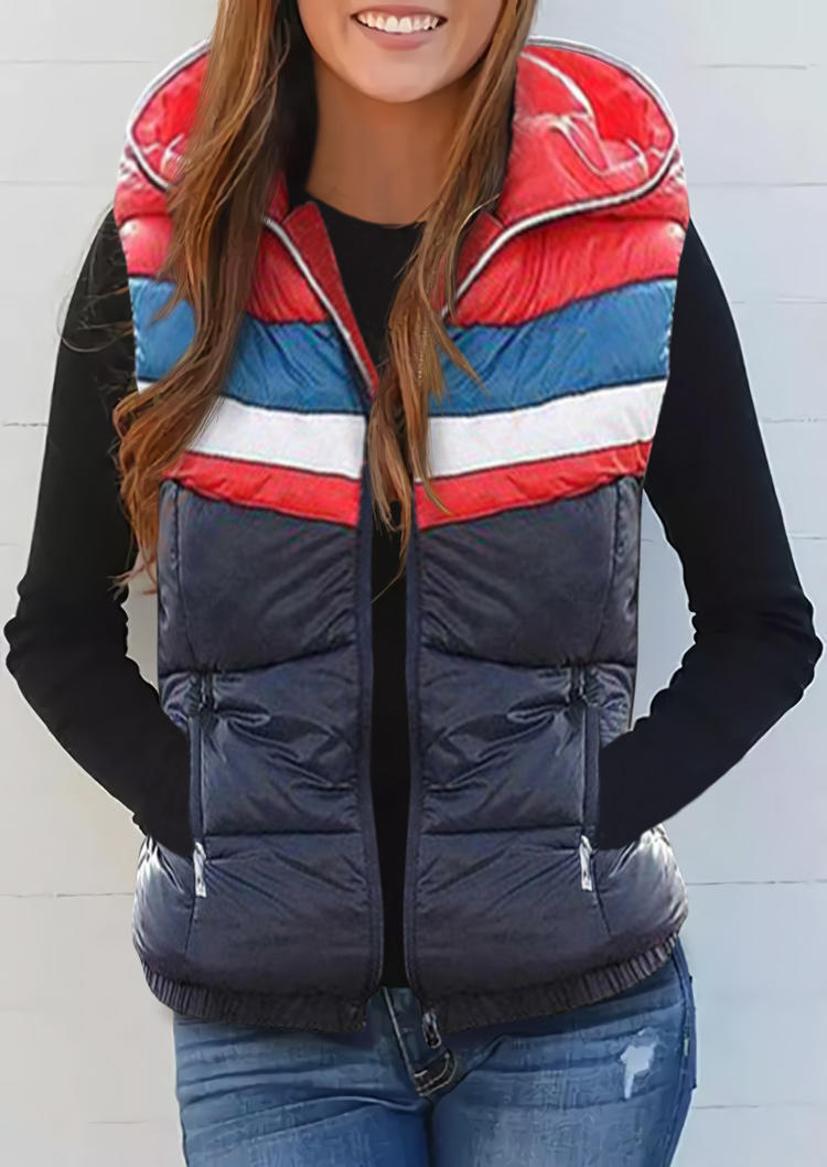 

Color Block Zipper Hooded Vest Parka Coat - Blue, SCM008903