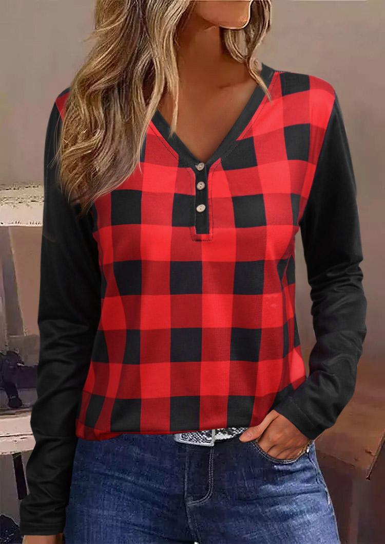 

Buffalo Plaid Button V-Neck Blouse - Red, SCM009068