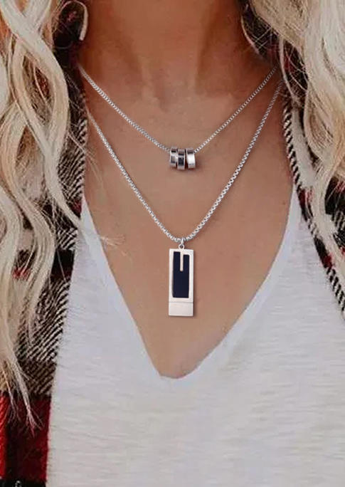 

Double-Layered Hollow Out Pendant Necklace, Silver, SCM009732