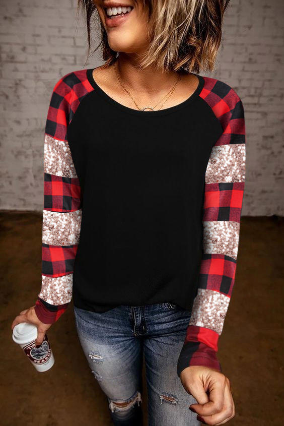 

Plaid Glitter Raglan Sleeve Blouse - Black, SCM009766