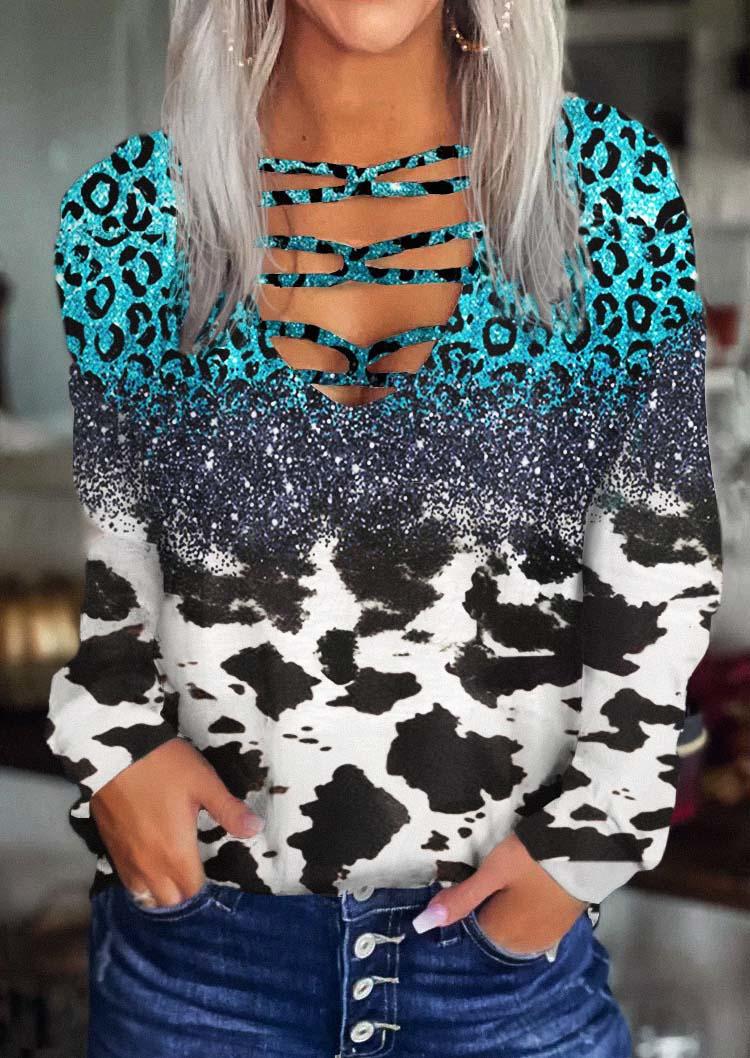 

Leopard Glitter Cow Criss-Cross Blouse, Multicolor, SCM009989