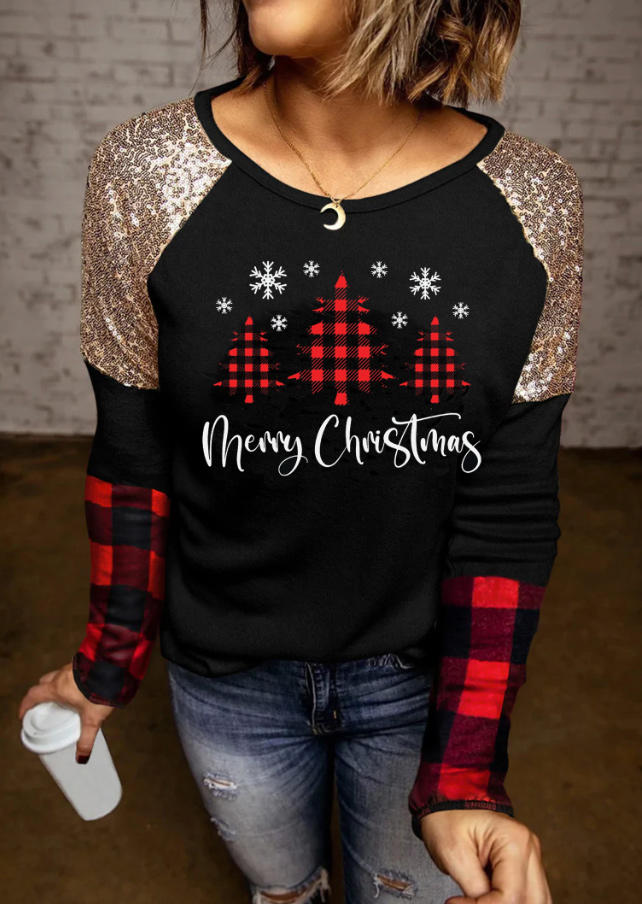 

Merry Christmas Snowflake Glitter Plaid T-Shirt Tee - Black, SCM010025