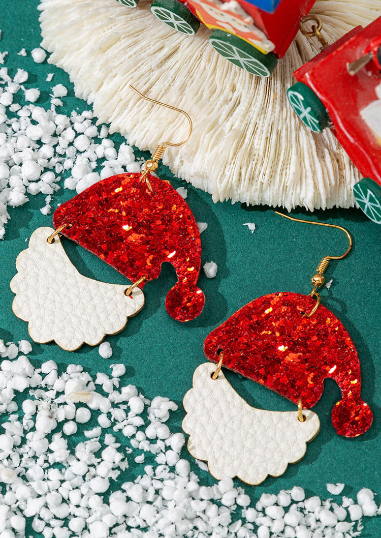 

Christmas Hat Sequined PU Leather Earrings, White, SCM010060