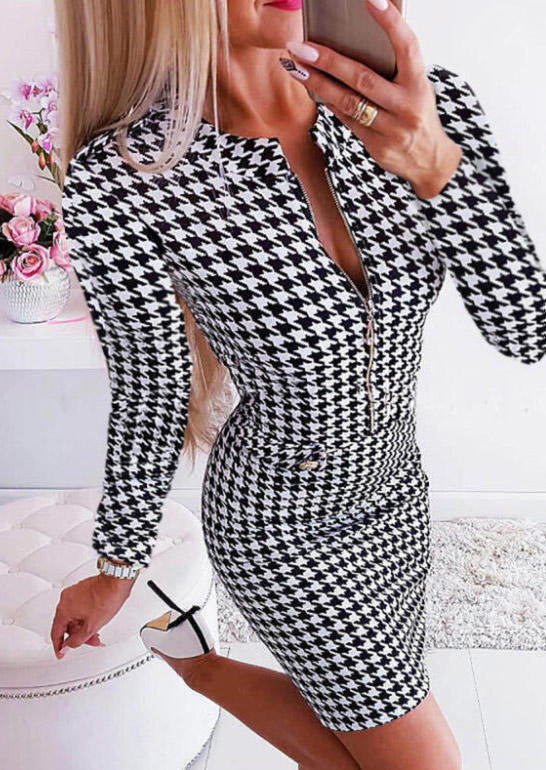 

Houndstooth Zipper Long Sleeve Bodycon Dress - Black, SCM010078