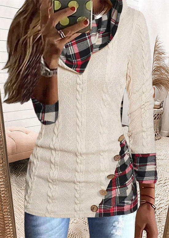 

Plaid Button Long Sleeve Sweater - White, SCM010135