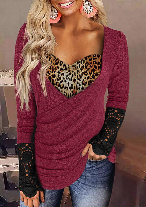 

Leopard Lace Splicing Button Ruched Blouse - Burgundy, Red, SCM010250