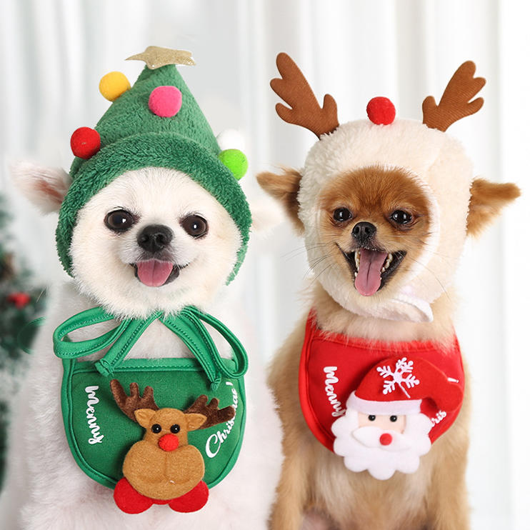 2Pcs Christmas Santa Claus Reindeer Pet Dog Hat And Scarf Set