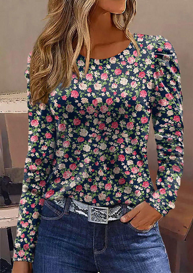 

Floral Long Sleeve O-Neck Blouse - Blue, SCM010285
