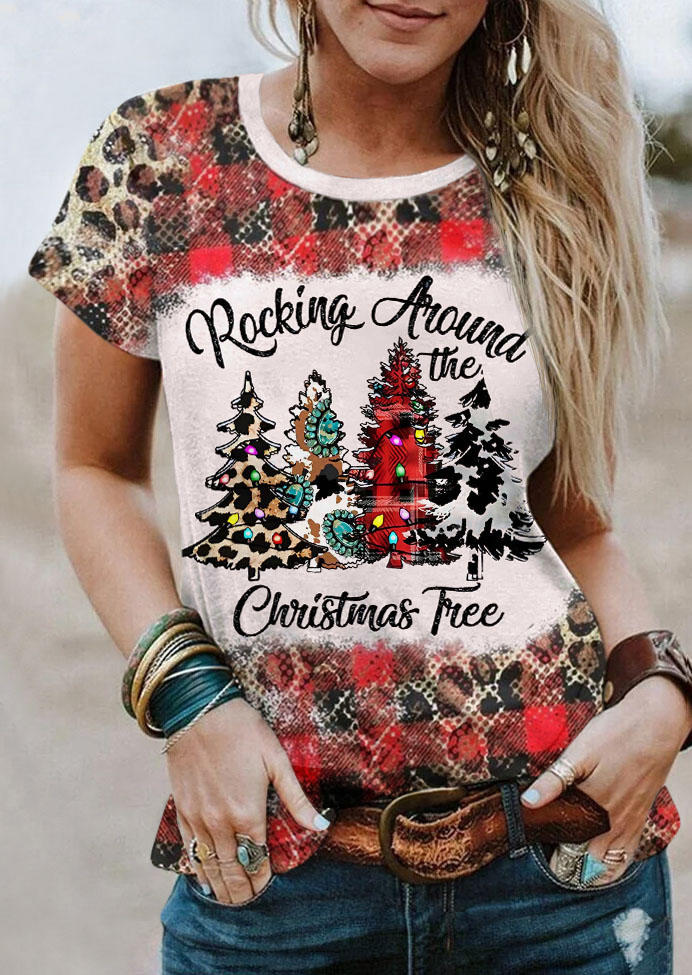 Rocking Around The Christmas Tree Leopard Plaid T-Shirt Tee