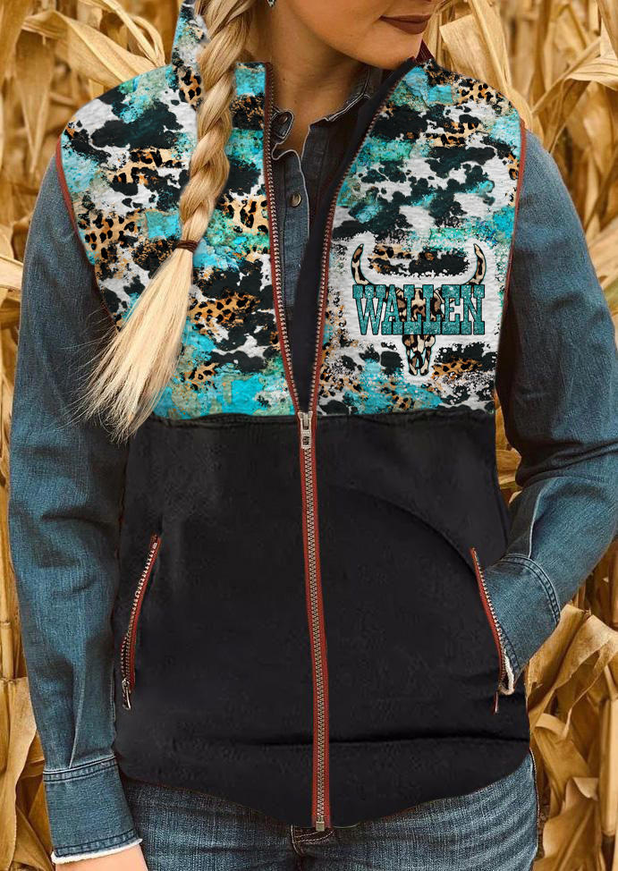

Steer Skull Leopard Tie Dye Pocket Zipper Vest Coat, Multicolor, SCM010521