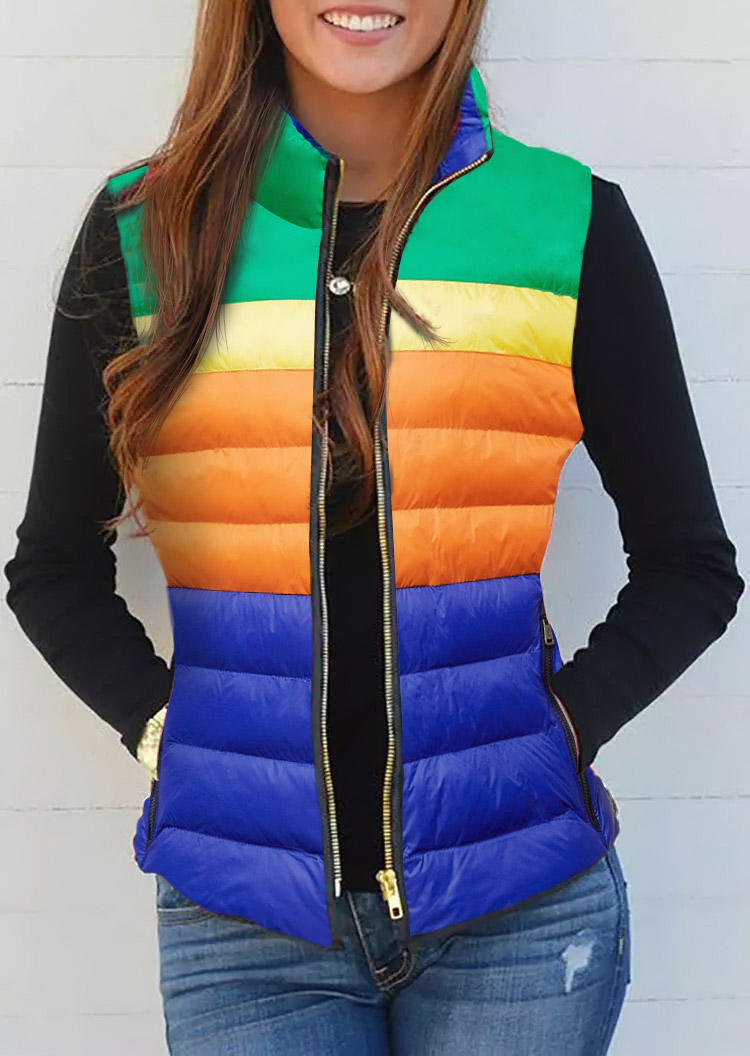 

Color Block Zipper Pocket Vest Coat, Multicolor, SCM010523