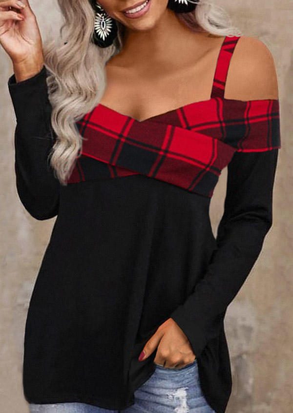 

Buffalo Plaid Wrap Cold Shoulder Blouse - Black, SCM009374