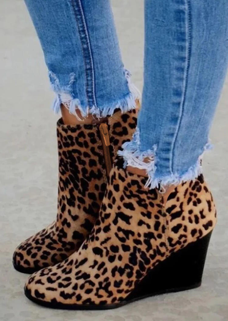 Leopard Zipper Round Toe Wedge Ankle Boots, Multicolor, SCM010223