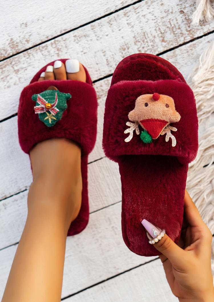 

Christmas Tree Reindeer Furry Flat Slippers - Burgundy, Red, SCM010277