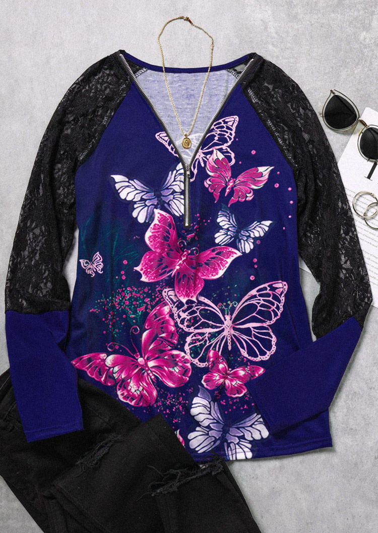 Colorful Butterfly Lace Splicing Zipper Raglan Sleeve Blouse - Purple