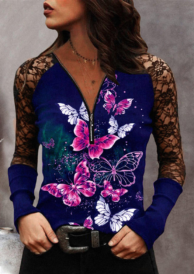 Colorful Butterfly Lace Splicing Zipper Raglan Sleeve Blouse - Purple