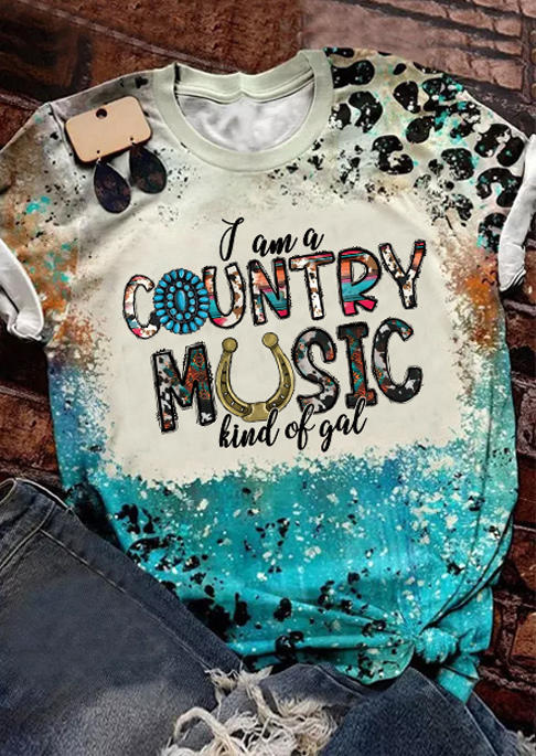 

I Am A Country Music Kind Of Gal Leopard Bleached T-Shirt Tee - Cyan, Multicolor, SCM010352