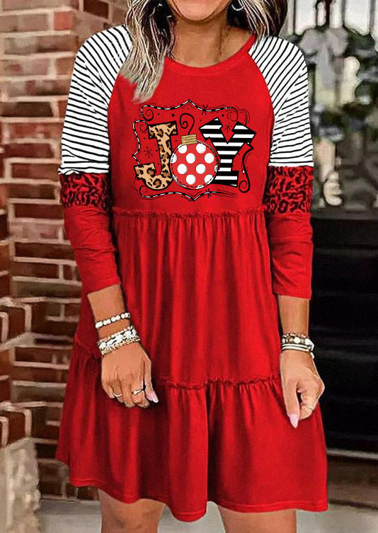 

Christmas Joy Leopard Striped Polka Dot Ruffled Mini Dress - Red, SCM010430