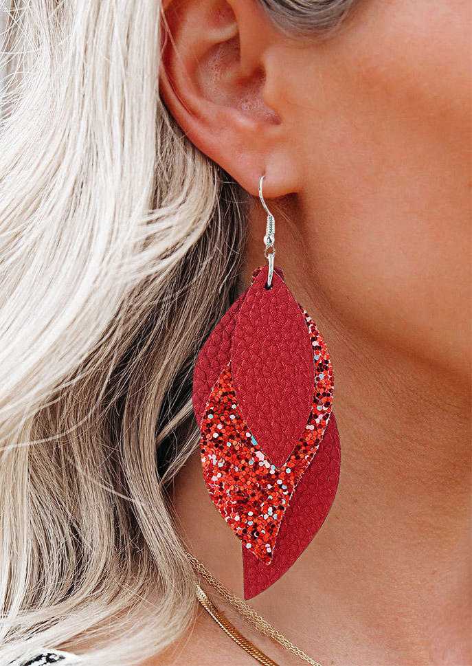 Glitter Leaf Multi-Layered Leather Earrings - Burgundy