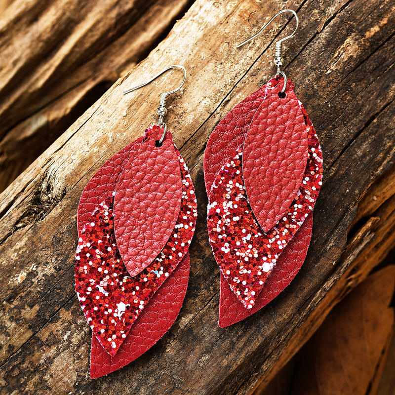 Glitter Leaf Multi-Layered Leather Earrings - Burgundy