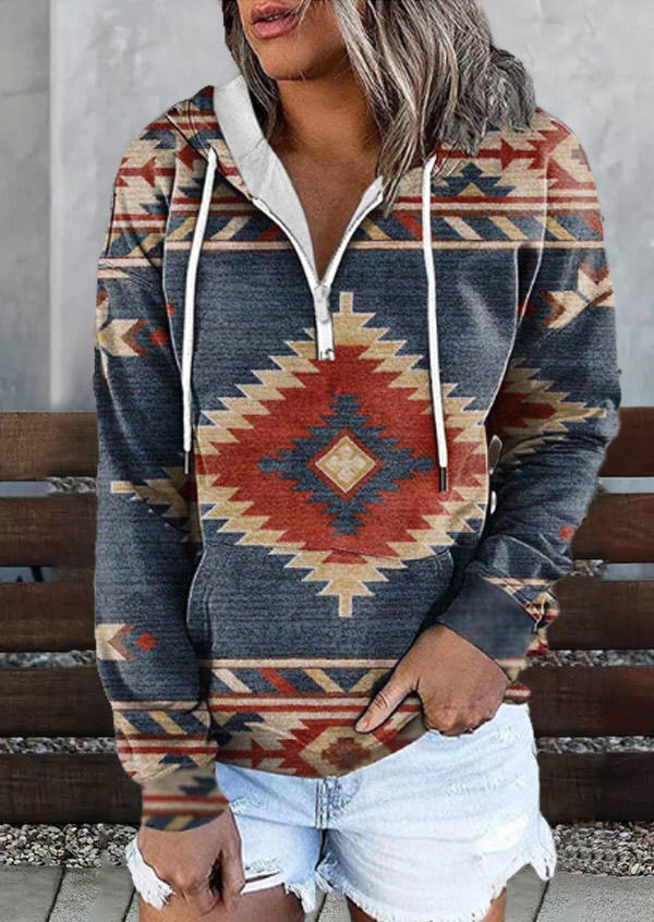 

Aztec Geometric Drawstring Kangaroo Pocket Zipper Hoodie, Multicolor, SCM010497
