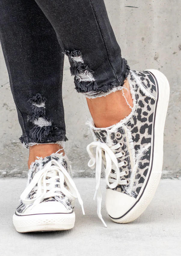 

Leopard Lace Up Flat Canvas Sneakers - Black, SCM010545