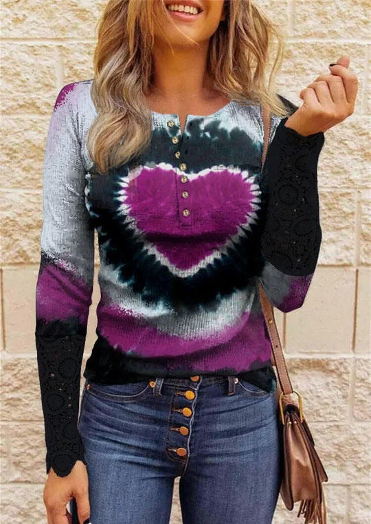 

Tie Dye Heart Button Lace Splicing Blouse, Multicolor, SCM010600
