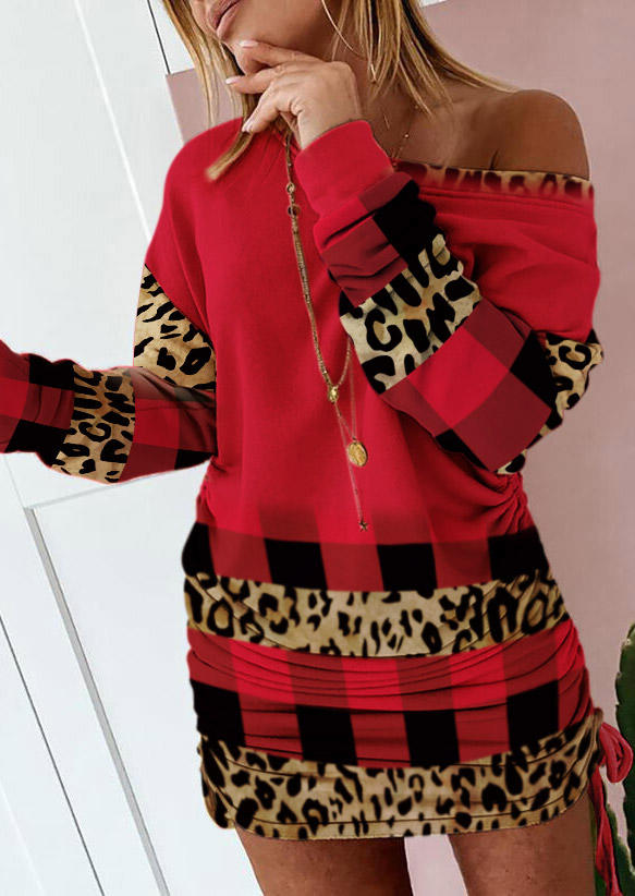 

Leopard Plaid Ruched Drawstring Bodycon Dress - Red, SCM010618
