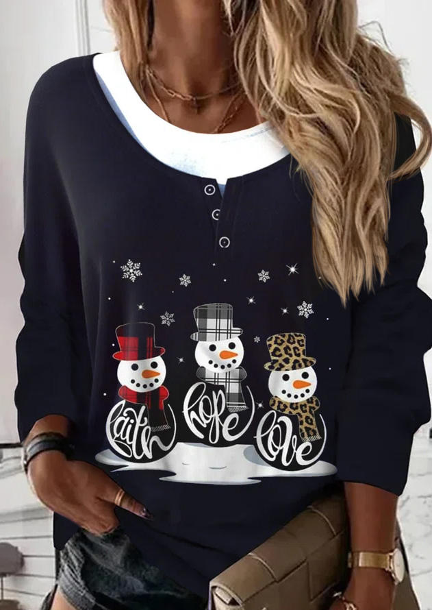 

Christmas Snowman Faith Hope Love Fake Two-Piece Blouse - Black, SCM009620