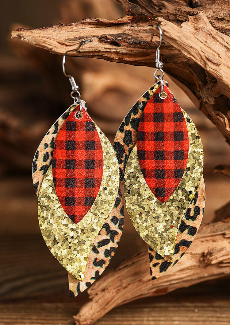 Glitter Leopard Plaid Leaf Multi-Layered Leather Earrings