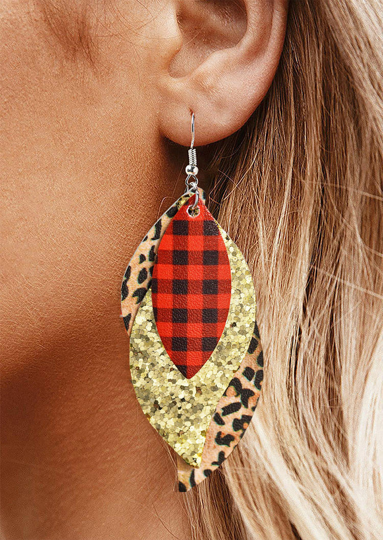 Glitter Leopard Plaid Leaf Multi-Layered Leather Earrings