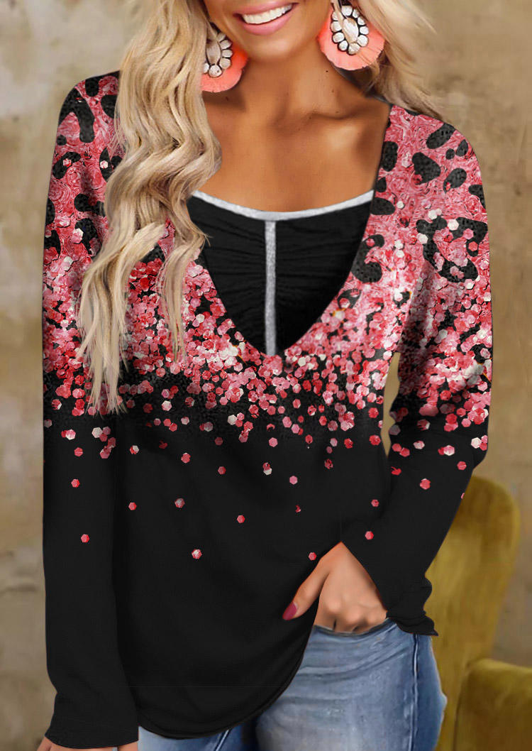 

Leopard Glitter Fake Two-Piece Long Sleeve Blouse, Multicolor, SCM010375