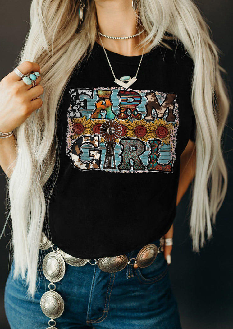 

Farm Girl Cow Sunflower Leopard T-Shirt Tee - Black, SCM010510