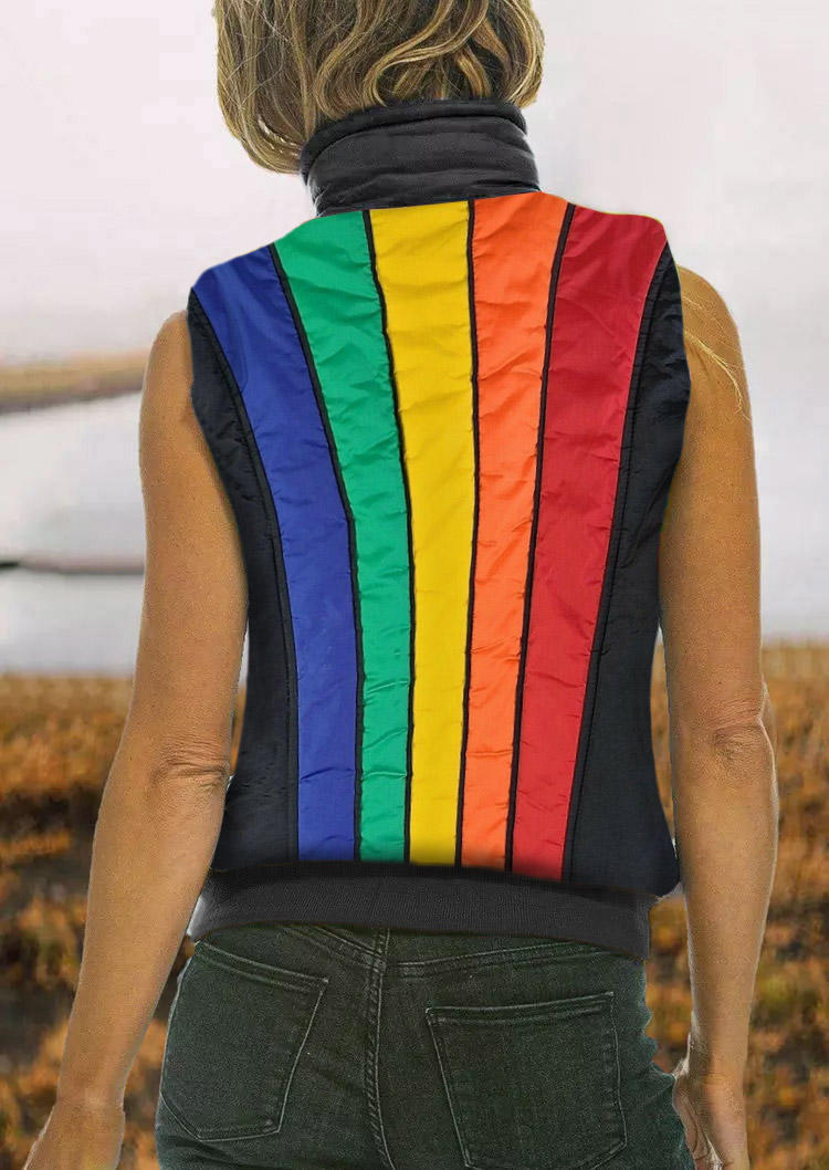 

Rainbow Stand Collar Parka Vest Coat, Multicolor, SCM010528