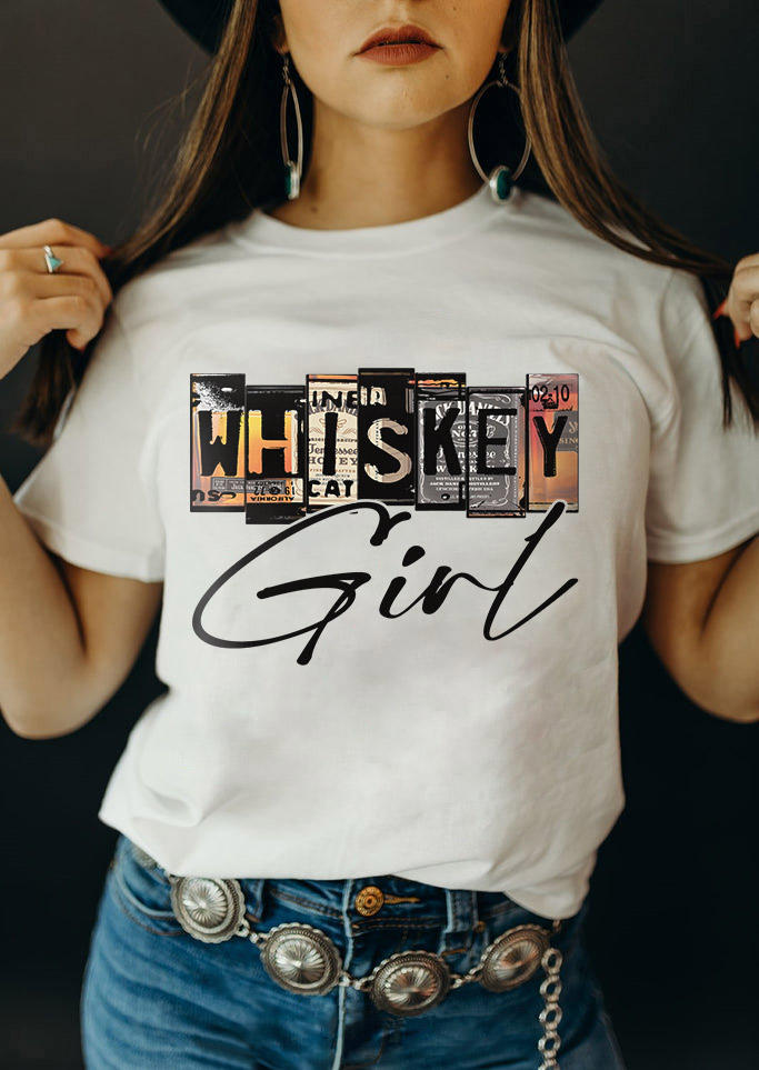 Whiskey Girl O-Neck T-Shirt Tee - White