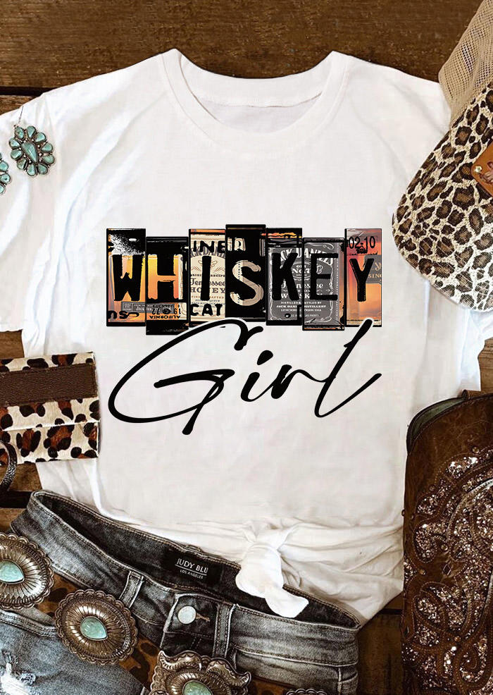 

Whiskey Girl O-Neck T-Shirt Tee - White, SCM010556