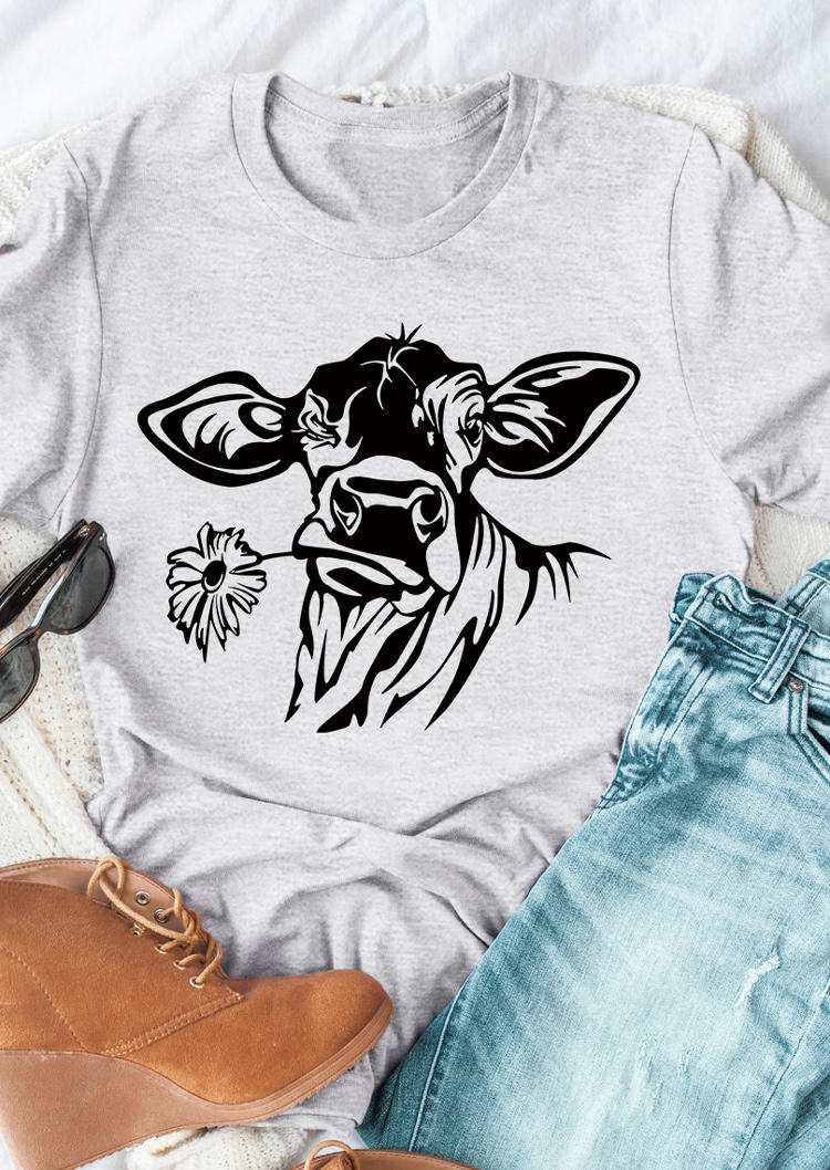 

Cattle Floral O-Neck T-Shirt Tee - Light Grey, Gray, SCM010569
