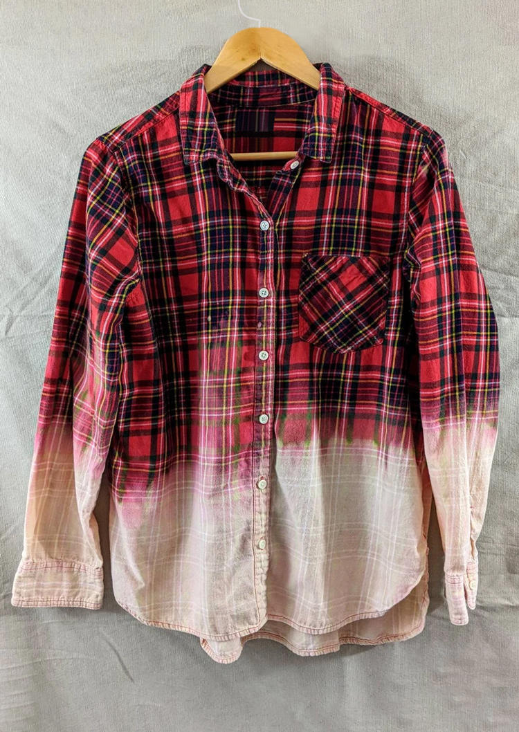 

Gradient Plaid Button Pocket Turn-down Collar Shirt - Red, SCM009630