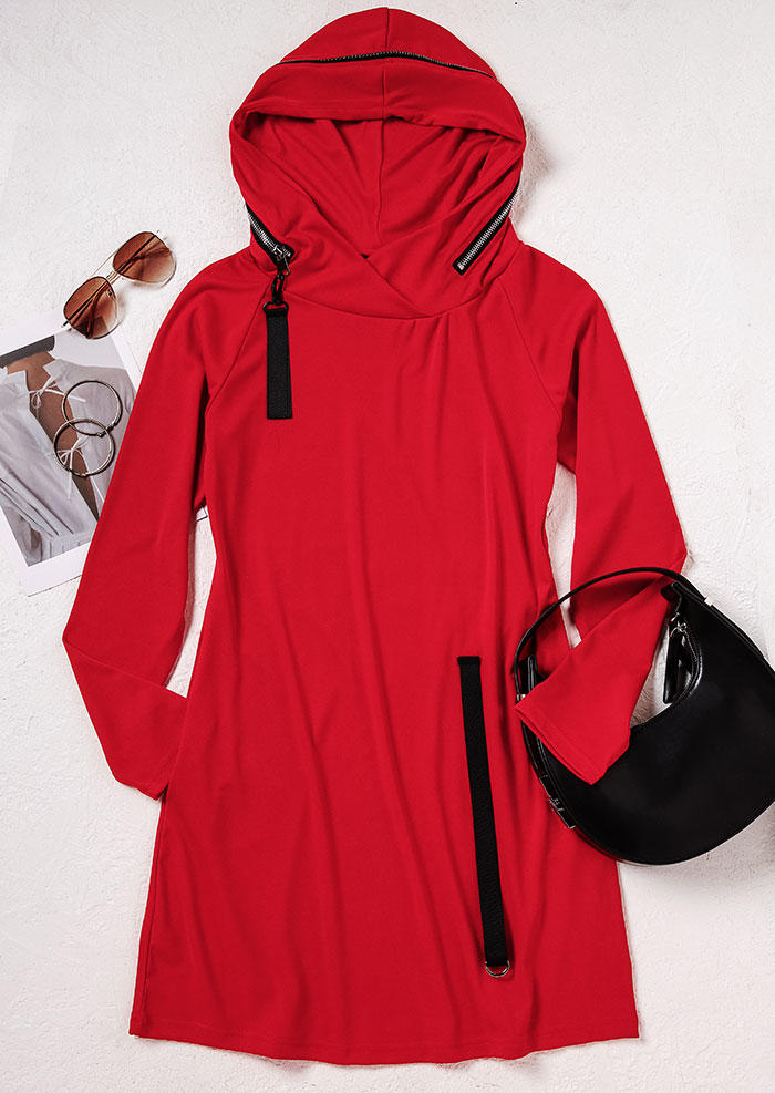 Zipper Pocket Hooded Mini Dress - Red