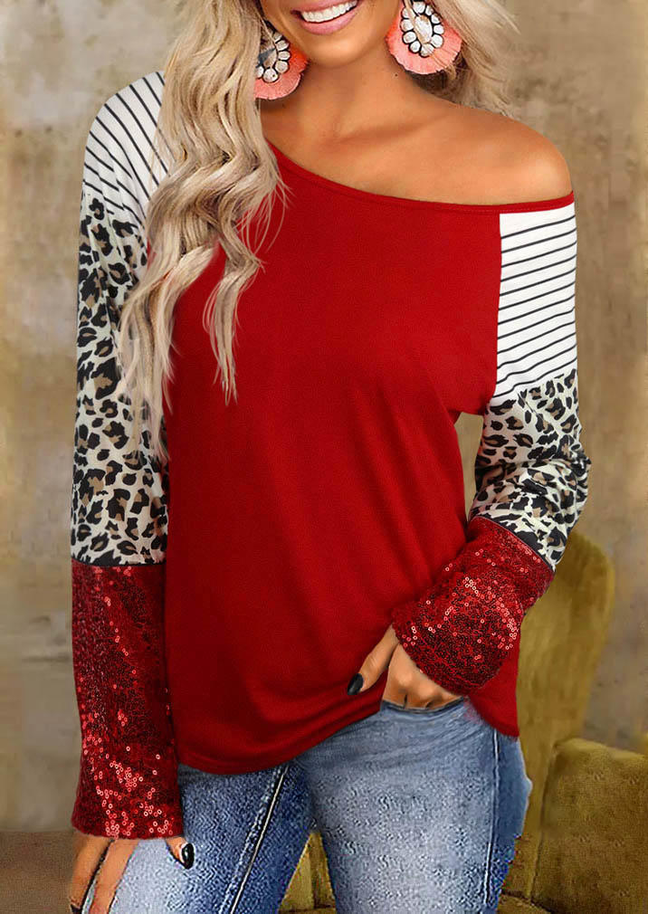 

Leopard Striped Glitter Long Sleeve Blouse - Red, SCM009984