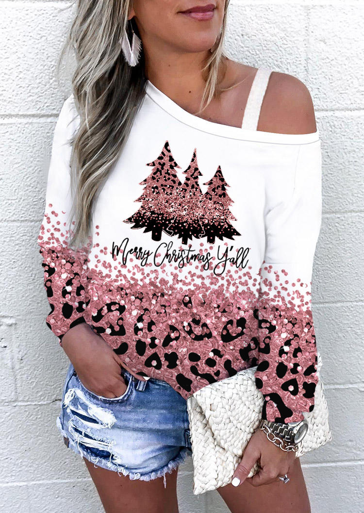 

Merry Christmas Y'all Tree Leopard Glitter Blouse - White, SCM009994
